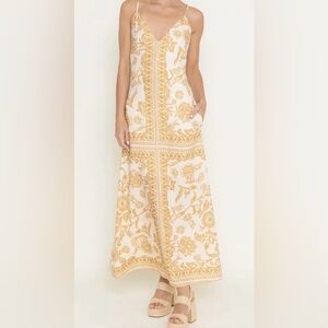 Cream and Tan Floral V-Neck Maxi Dress